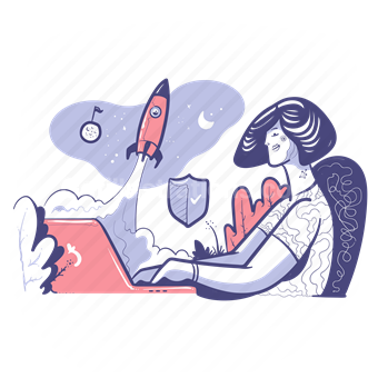 start up, launch, rocket, laptop, woman